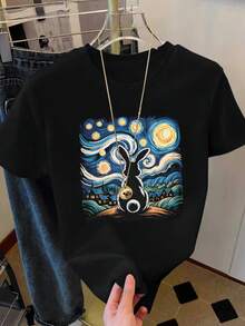 SHEIN LUNE Van Gogh Rabbit T-Shirt, Starry Night Farm Animal T-Shirt, Funny Rabbit Lover T-Shirt, Art Pet Rabbit Gift, Unique Farm Rabbit T-Shirt - Black - View 1