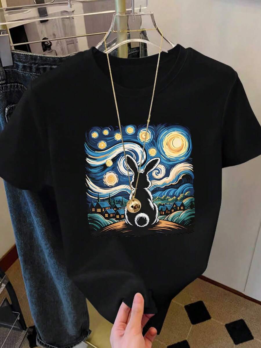 SHEIN LUNE Van Gogh Rabbit T-Shirt, Starry Night Farm Animal T-Shirt, Funny Rabbit Lover T-Shirt, Art Pet Rabbit Gift, Unique Farm Rabbit T-Shirt - Black - View 1