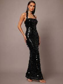 Silquee Sequin Strap Elegant Party Dress - Black - View 4