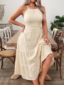 SHEIN Clasi Plus Size Women Solid Color Backless Halter Dress For Vacation - Apricot - View 7