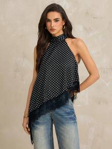 SHEIN Tall Women's Black And White Polka Dot Asymmetrical High Neck Halter Top With Lace Trim,Elegant Summer Sleeveless Top For Day Party Wedding Guest, Tall Women - Black - View 7