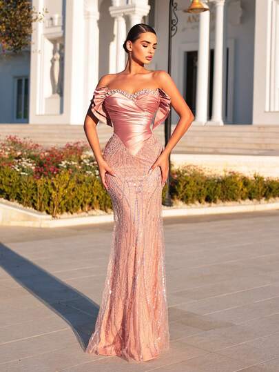 Glamrae Elegant Lyxig Pärl- & Paljettbroderad Enaxlad Ärmdekoration Satinklänning med Rynkad Sjöjungfrufåll, Lämplig För Bröllop, Fest, Bal, Bankett (Grav Utsmyckning)