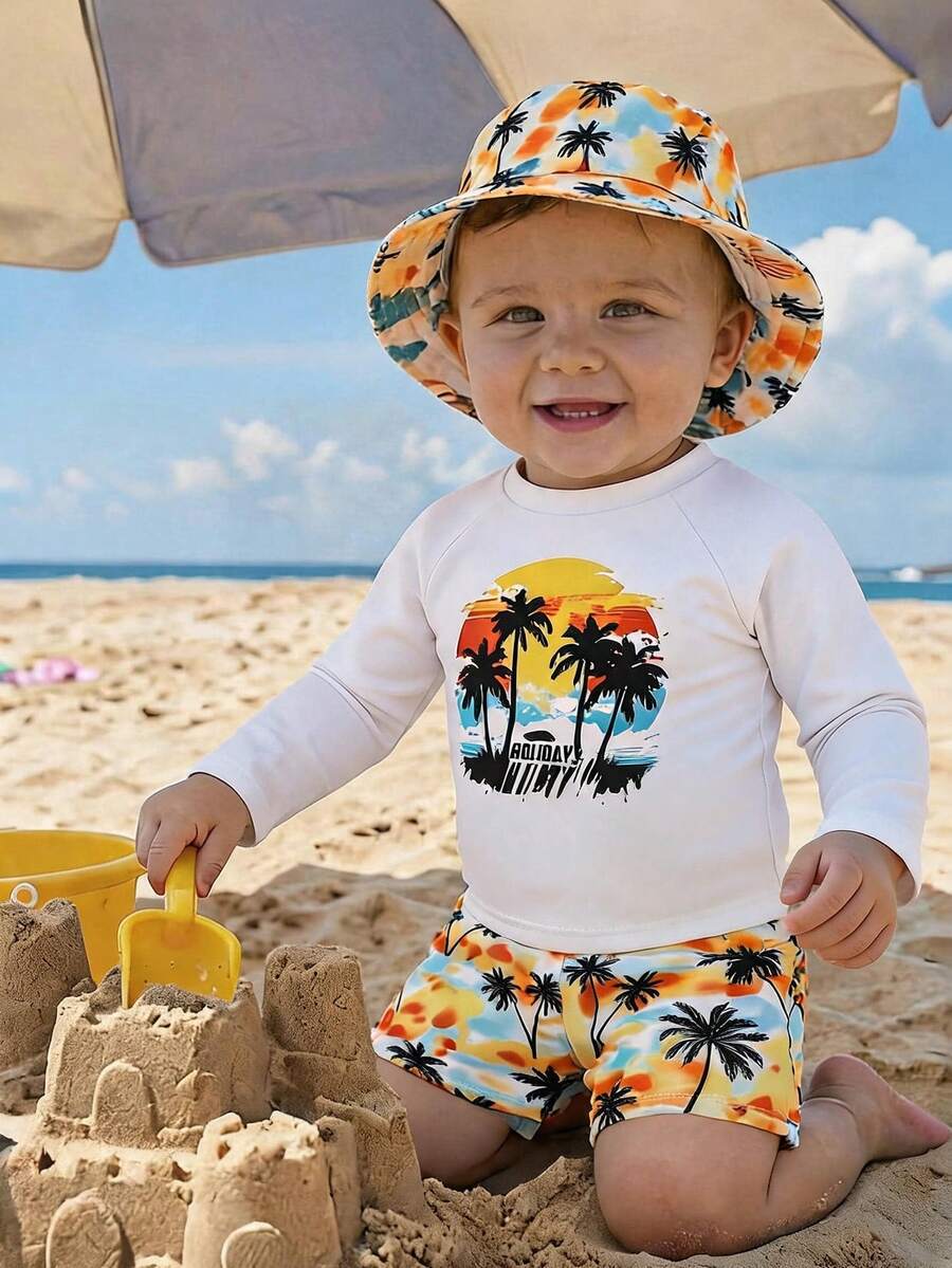SHEIN Baby/Baby Boy Colorblock Cute Orange Palm Tree Print Long Sleeve Rash Guard & Shorts Swimsuit, Suitable For Beach, Vacation, Surfing, Baby Swimwear - Multicolor - View 1