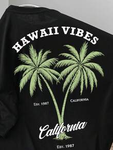 Manfinity Joysei Island Vacation Palm Tree Typography Casual Print Black Slim Fit Short Sleeve T-Shirt For Men - Black - View 2