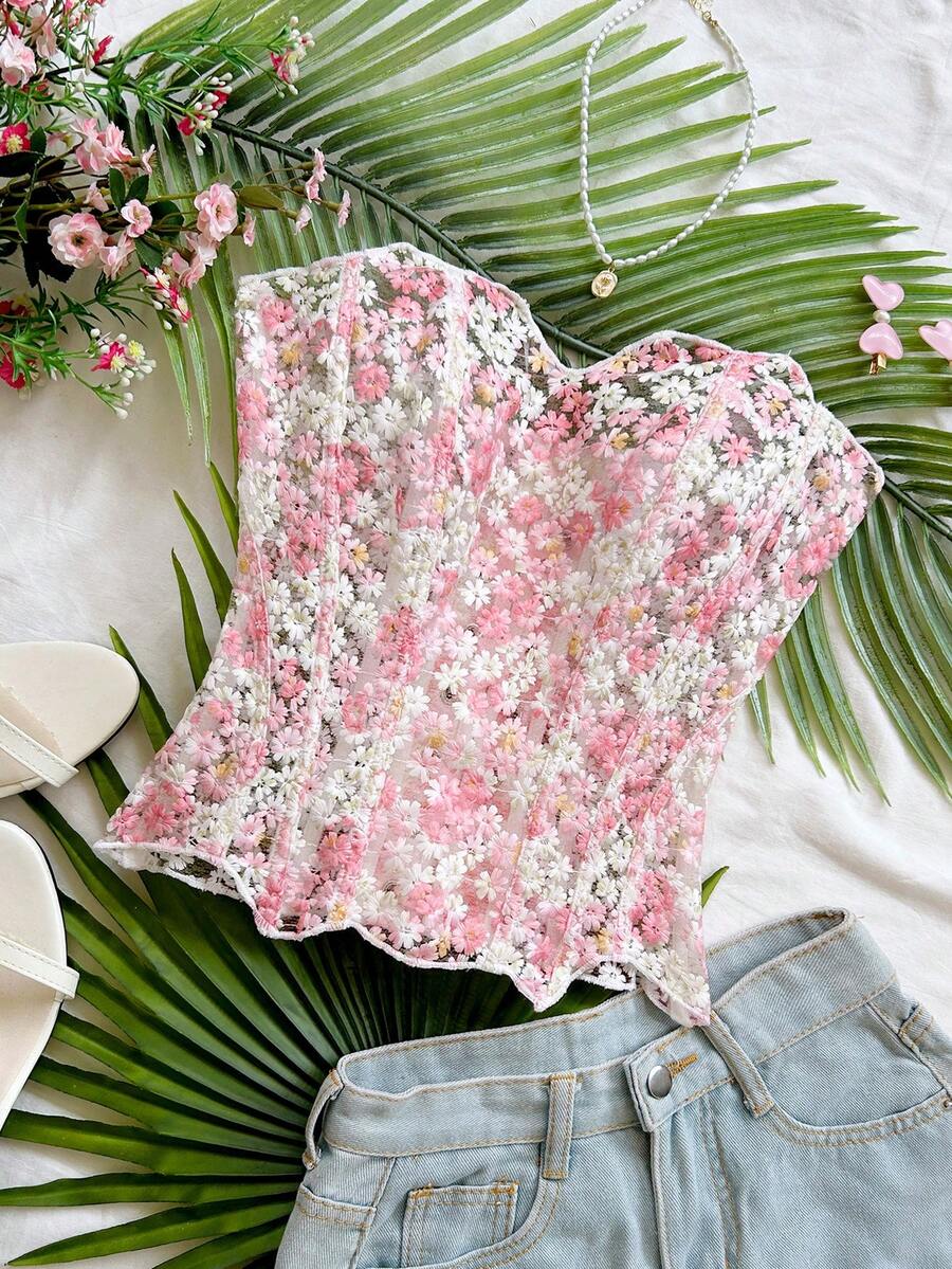 Soleia 年輕性感前衛花卉蕾絲雙層修身魚骨束胸 Bustier,鏤空刺繡塑身衣,無墊肩,復古音樂節派對穿搭,適合熱帶度假、約會、下午茶、海灘郵輪度假、公路旅行城市度假、派對、波希米亞、嬉皮、西部、嘉年華風 - 淺粉色 - 查看 1