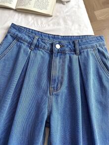 Comfortcana Setelan 2 Potong Atasan Tank Top dan Celana Panjang Musim Panas Warna Polos Ukuran Plus dengan Tali Bahu Tipis dan Hiasan Ruffle di Bagian Bawah - Medium Wash - View 6