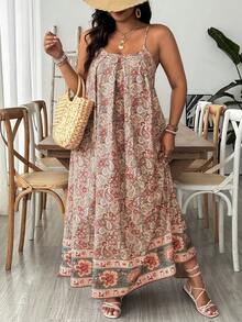 SHEIN VCAY Plus Size Women Allover Print Casual Party Slip Dress - Multicolor - View 4