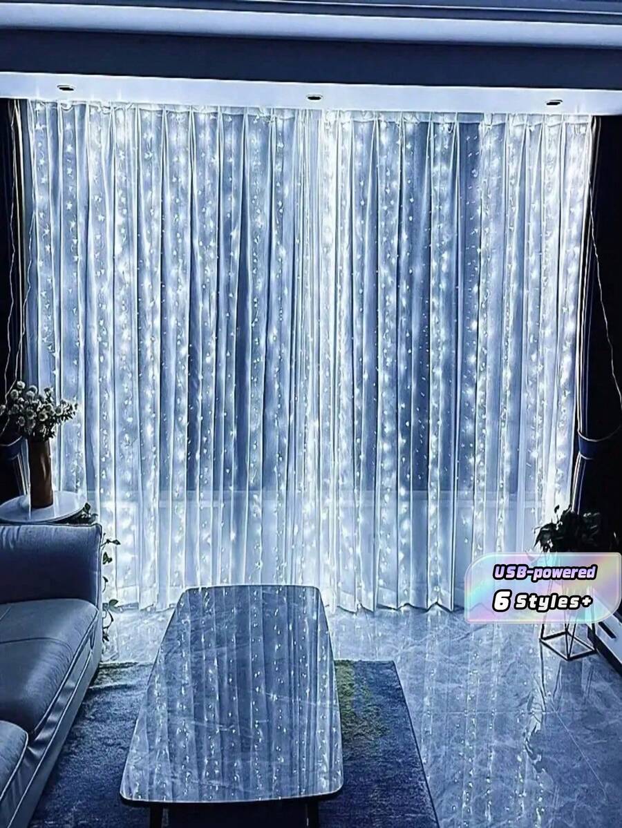 1PC 300/200/100 LED Curtain String Lights With Remote Control, 8 Modes, Size 298.7*298.7/201/100cm, USB Powered, Convenient USB Connection, Metal Curtain Light Decor, Bedroom Lighting