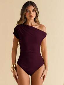SHEIN BAE Body de mujer de unicolor con hombro asimétrico, manga corta y fruncido - Granate - Ver 6