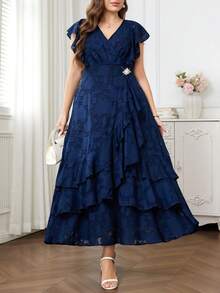 Reflora Vestido elegante de talla grande azul marino para invitada de boda de verano, con cuello en V, patchwork de malla, manga corta, unicolor, vestido formal de fiesta para mujer, madre del novio - Azul - Ver 6