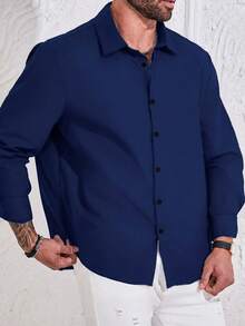Manfinity Homme Plus Size Men's Casual Simple Front Button Long Sleeve Shirt, Suitable For Commuting & Business - Navy Blue - View 3