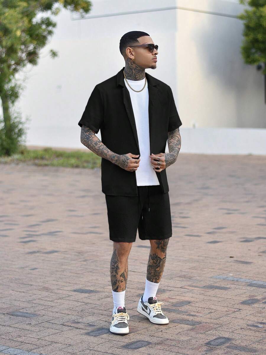 Devon Thys 男士两件套时尚欧式提花品牌休闲宽松衬衫和裤子套装,情侣海滩度假装,适合送给丈夫/男朋友的礼物,舒适服装 - 黑色 - 查看 1