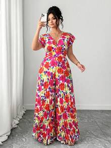 Elenzga Plus Size Women's Elegant Casual Beach Holiday Minimalist V-Neck Ruffle Sleeve Cinched Waist Slimming Long Printed Jumpsuit - Multicolor - View 6
