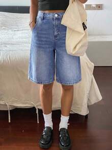 SHEIN Quần short denim ống rộng dáng casual dành cho nữ tuổi teen, có túi. - Rửa trung bình - Xem 4