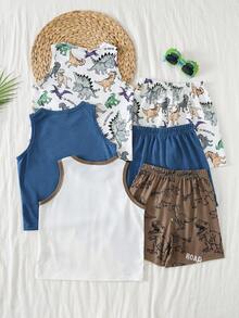 SHEIN Bộ đồ 6 món cho bé trai, kiểu dáng thường ngày, in hình hoạt hình dễ thương, gồm áo tank top và quần short, thích hợp cho mùa hè. - Nhiều màu - Xem 2