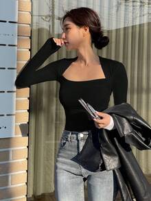 DAZY Women's Swan Neck Long Sleeve T-Shirt,Fall Clothes Going Out Tops - Black - View 7