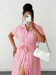 Maweii Plus Size Women Summer Bowknot Decor Pink & White Striped Dress - Hot Pink - View 6