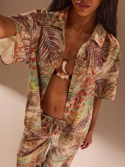 Opulessa Floral Print Loose Fit Short Sleeve Blouse For Women, Spring/Summer