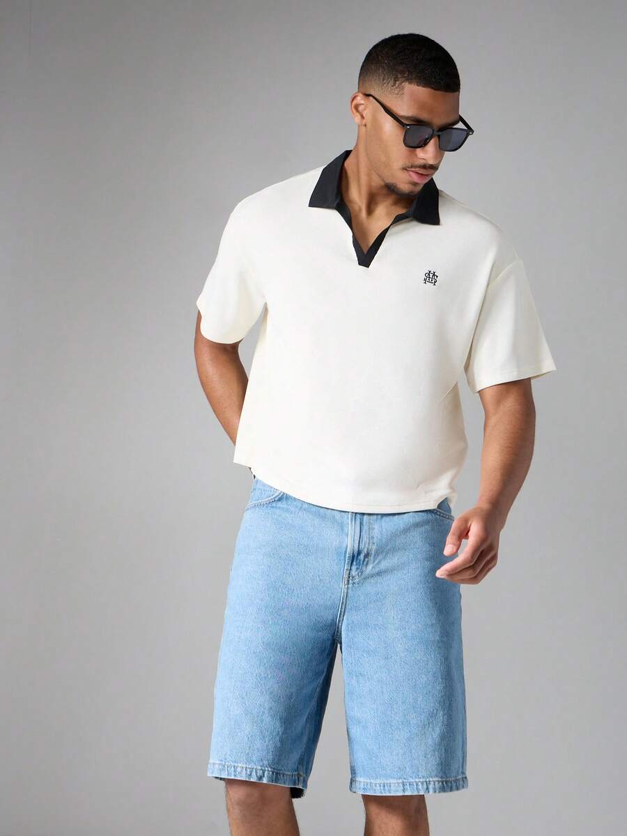 SUMWON Contrast Collar Polo Short Sleeve Cropped Boxy Fit Top With Monogram Embroidery Summer Essential - Apricot - View 1