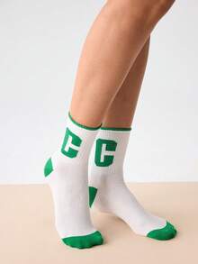 Loungeista Letter Graphic Crew Socks - Green - View 4