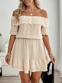 Weeklong Plus Size Casual Comfortable Off Shoulder Cutout Cotton Linen Dress - Khaki - View 5