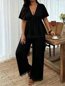 Weeklong Plus Size Women Solid V-Neck Ruched Short Sleeve Top And Pants Casual Suit - Black - View 4