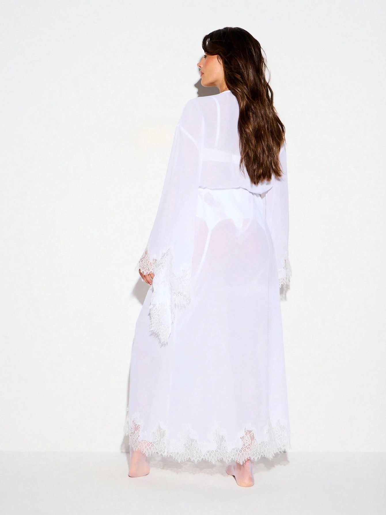 KIZN Sheer Chiffon Maxi Robe With Lace Trim