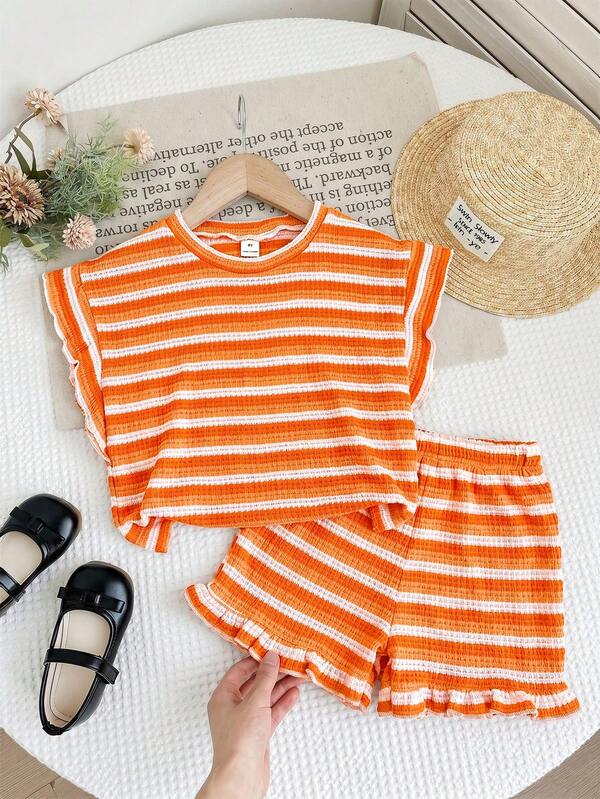 SHEIN Young Girls' Round Neck Cap Sleeve Striped Casual Versatile T-Shirt Set, Summer