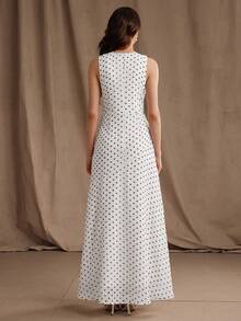 Anewsta Nuevo vestido maxi elegante de moda para vacaciones/invitada de boda con hombros descubiertos, estampado de lunares y cuello halter para mujer - Blanco - Ver 2