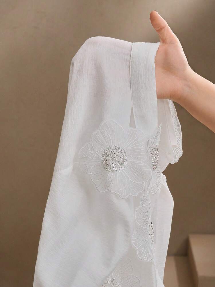 Women's Stand Collar Long Sleeve Blouse With 3D Crystal Embroidery, Transparent & Fashionable Modest Design, For Spring