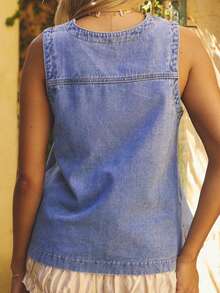 Aralina Áo tunic denim cổ chữ V không tay mùa hè cho nữ, kiểu dáng dễ thương, thanh lịch, thích hợp mặc đi biển, nghỉ lễ, dự tiệc. - Rửa nhẹ - Xem 2