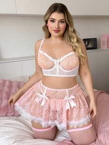 PetitDoll Bộ đồ lót gợi cảm 4 món cổ điển ren phối ren, viền lông mi, có gọng dành cho nữ. - Hồng - Xem 5