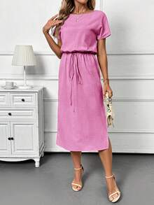 SHEIN Clasi Đầm ngắn tay cổ tròn dáng suông màu mơ, thích hợp cho kỳ nghỉ hè, dạo chơi và đi làm hàng ngày. - Màu Hồng Tươi - Xem 4