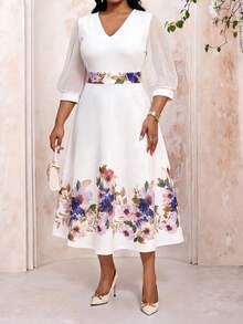 SHEIN Lady Vestido elegante de fiesta de talla grande con estampado floral y parches de malla - Multicolor - Ver 5