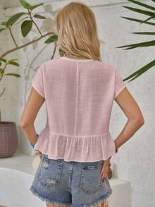 LanaWest Women's Contrast Lace Single-Breasted Ruffle Hem Blouse - Pink - View 2