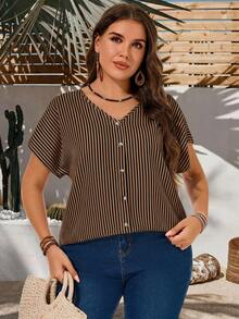 EMERY ROSE Plus Size Women Striped Short Sleeve Single-Breasted Casual Shirt Summer Outfit For Festival Outfits Beach Vacation Holiday Country Concert - Multicolor - View 6
