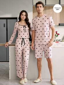 CoupledUp Polka Dot Print Short Sleeve & Shorts Men's Casual Pajama Set - Pink - View 3
