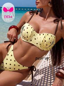 Voyashape Set bikini da donna sexy con ferretto, push-up, con imbottitura, spalline, nodo laterale in vita, adatto per primavera/estate - Giallo - Visualizzare 1
