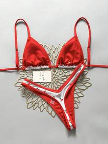Swim MOD 2pcs/Set Random Floral Print Gold Disc Decor Halter Triangle Bikini Top And High Cut Thong Bottoms Sexy Swimwear Set, Spring/Summer - Multicolor - View 2