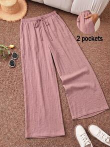 CosyJoli Pantalones largos casuales y versátiles de talla grande para mujer con cintura con cordón, unicolor, para uso diario y salidas - Rosa - Ver 5