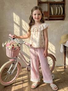 SHEIN Bộ đồ 2 món cho bé gái: áo và quần ống rộng bằng vải chiffon họa tiết hoa nhí xếp nếp. - Nhiều màu - Xem 4