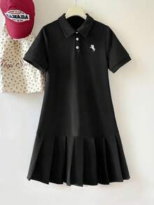 SHEIN Đầm nữ tuổi teen màu đen cổ polo thêu họa tiết, xếp ly, kiểu dáng đồng phục học sinh. - màu đen - Xem 6