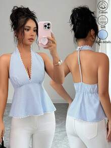 SHEIN Elenzya 女士撞色蕾丝条纹吊带背心 - 藍白色 - 查看 1