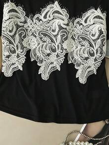 GlowEve Women's New Summer Lightweight Fabric Breathable Lace Splicing 2 In 1 T-Shirt,Casual - Black - View 7