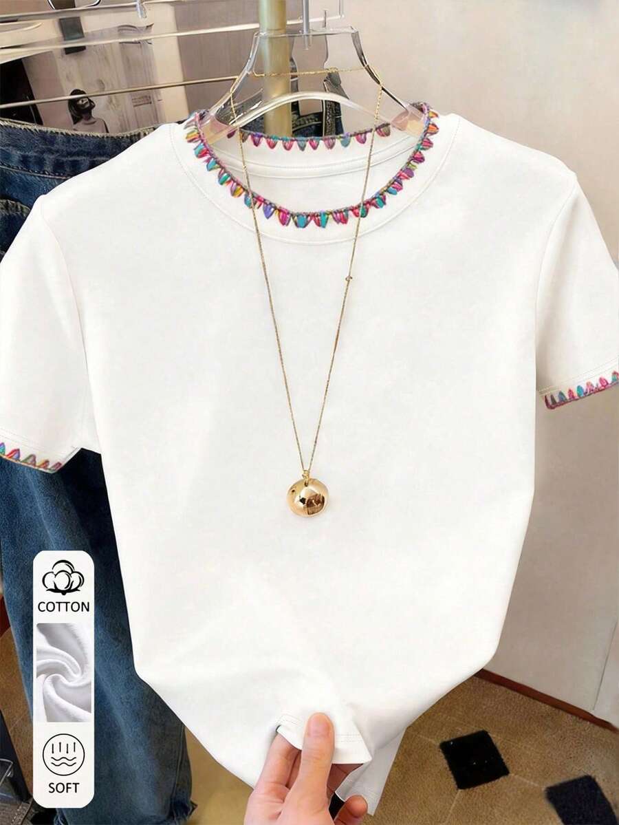Resyla 女士休闲户外运动T恤,夏季新品,户外服饰,锯齿边设计,常规版型纯棉T恤 - 白色 - 查看 1