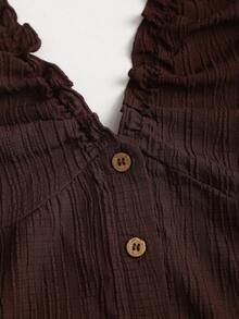 Sweetra Top con dobladillo corto con volantes y encaje estilo romántico preppy, chaqueta con parche de encaje y botones en la cintura, adecuado para uso diario, salidas, playa, primavera/verano/otoño - Marrón - Ver 6