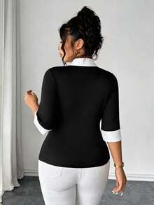 SHEIN Clasi 大码女式拼接撞色休闲百搭日常上衣 - 黑與白 - 查看 2