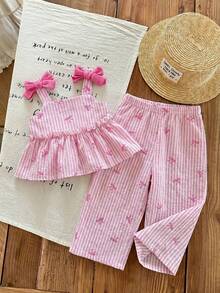 SHEIN LMoss Kids LMoss 女婴夏季可爱条纹吊带背心和松紧腰裤两件套 - 粉色 - 查看 6