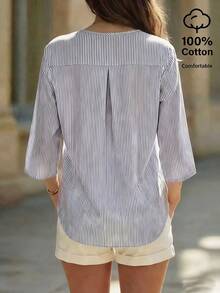 EMERY ROSE Women's Casual V-Neck 3/4 Sleeve Striped Cotton Shirt - Black - View 2