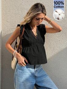 Serisse Blusa de verano holgada con cuello en V, mangas cortas y volantes en el bajo - Negro - Ver 6